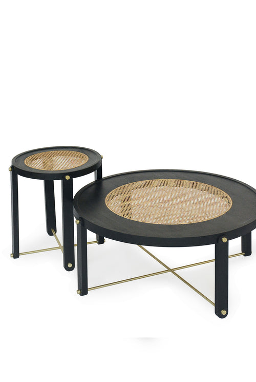 offee table-side table-handcrafted-brass accent-black stained ash-wood-cane weaving 